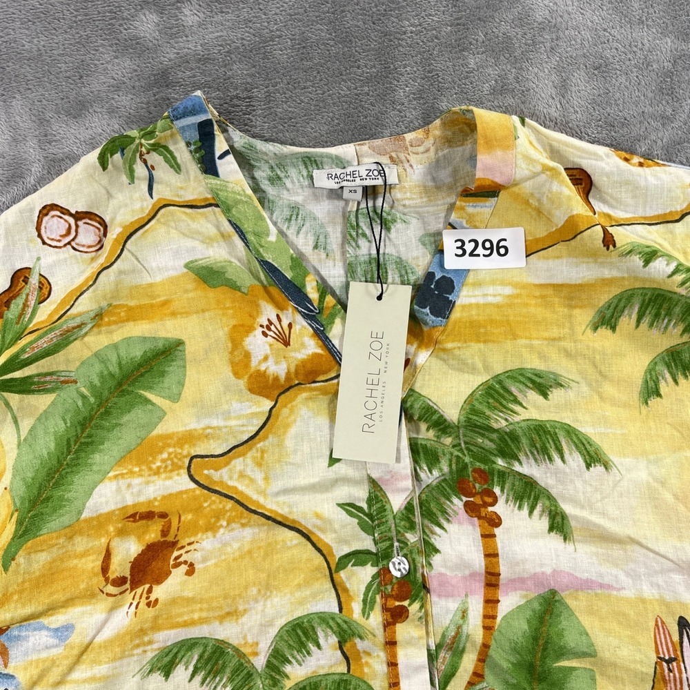 Rachel Zoe Button Down Shirt Women XS Yellow Tropical Linen Blend Toucan Print